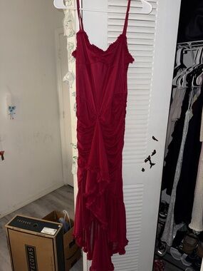 Amazon Wine Red Ruffled High-Low Slip Dress